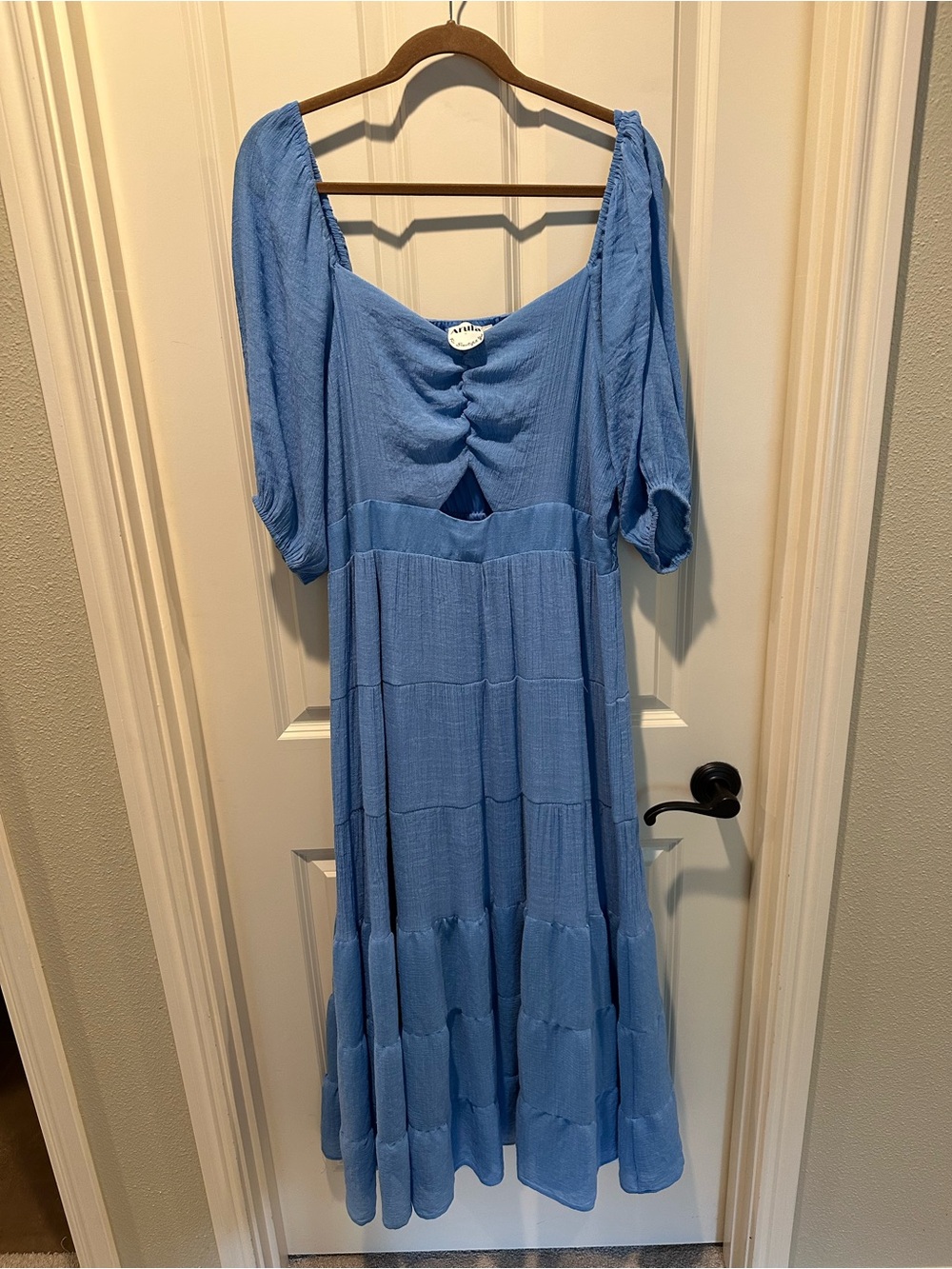 Aura Light Blue Tiered Maxi Dress with Puff Sleeves